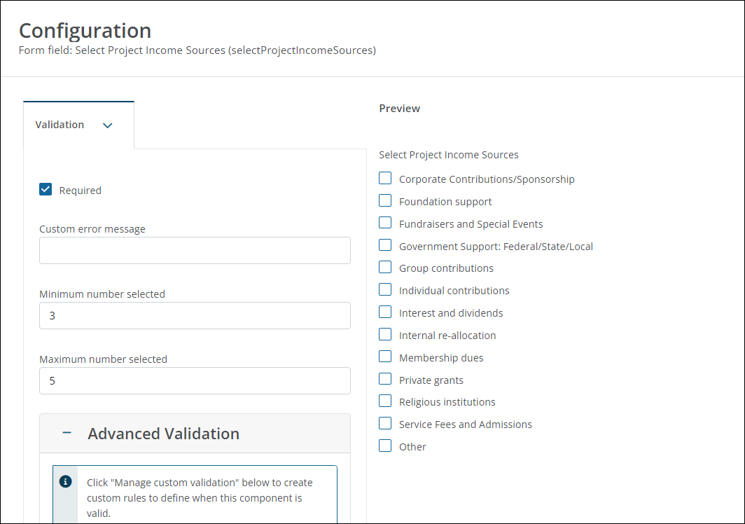 Configure Validation options for Select box fields