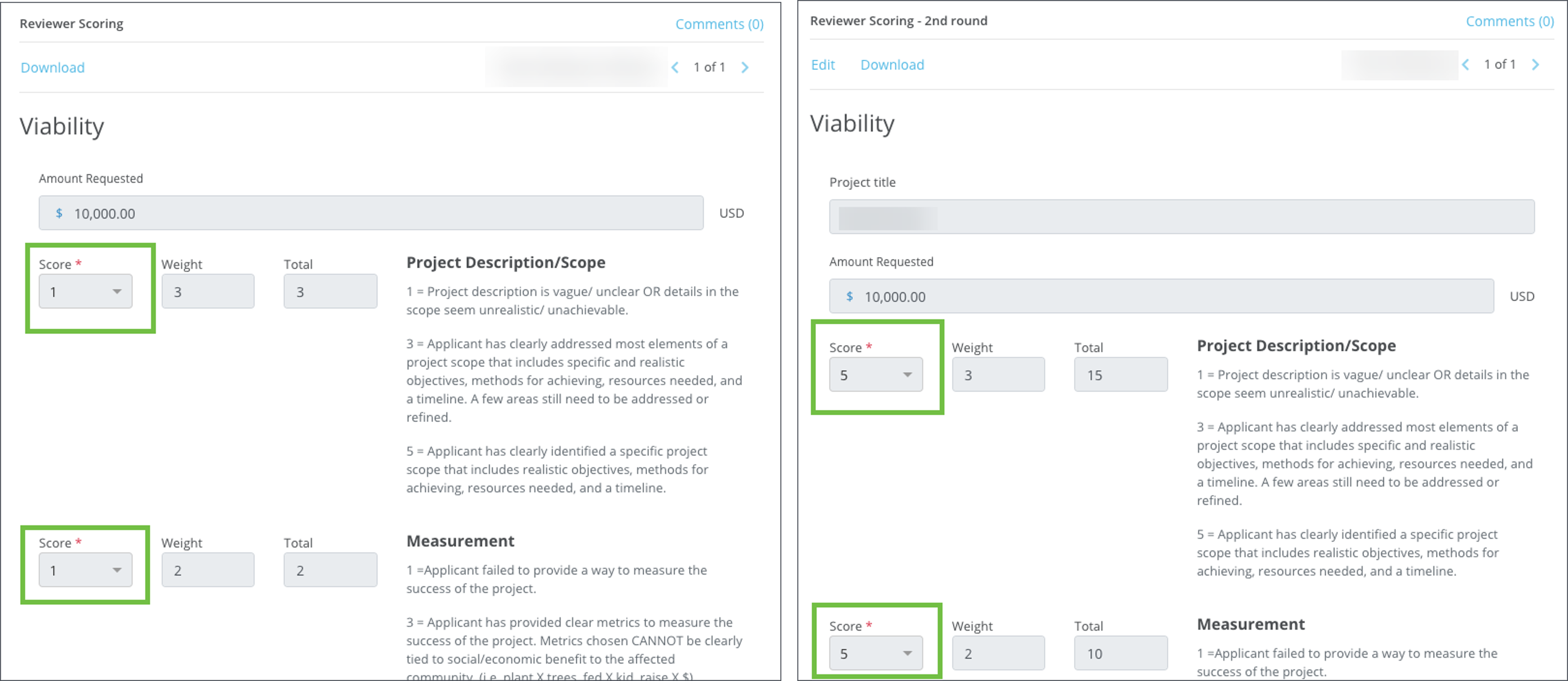 Comparison of two Grant Manager forms that use the same Score field for reviewing