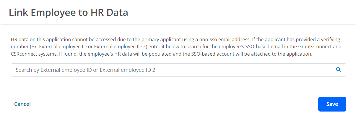 Search for the employee by their verifying number in the Link Employee to HR Data screen.