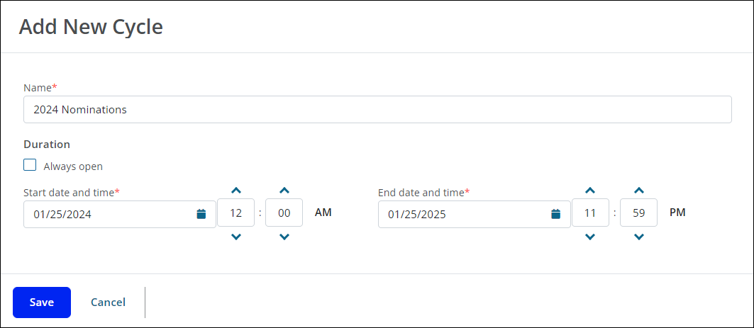 Add New Cycle modal for nomination programs