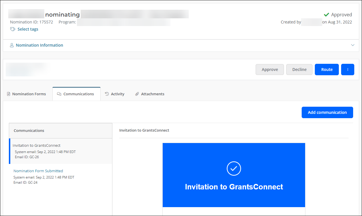 View Communications in the Communications Tab in the Nomination View
