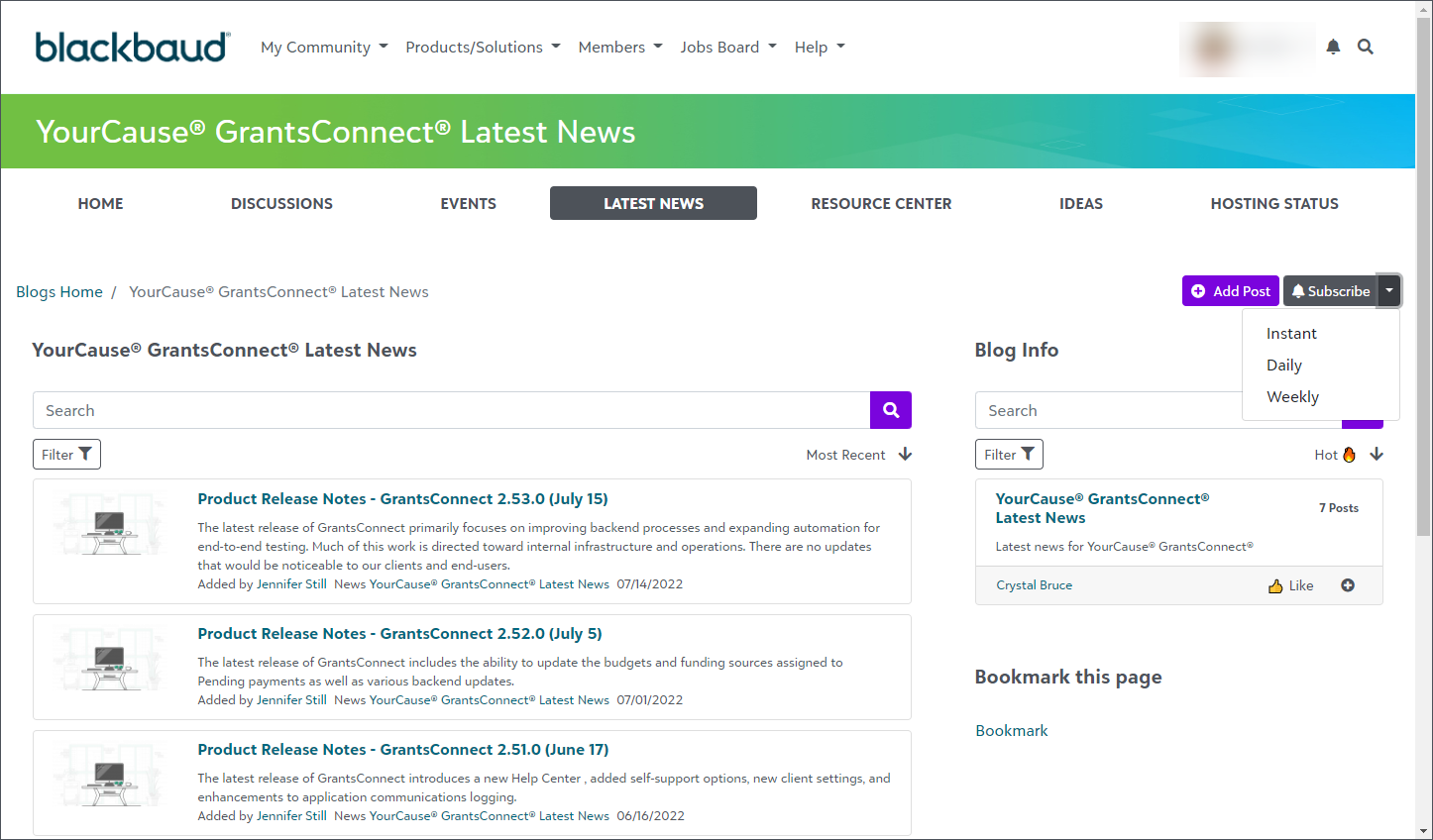 View of the Latest News page in GrantsConnect Community.