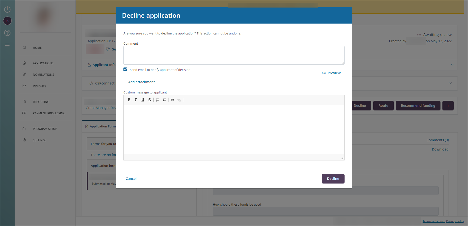 This is the Decline Application modal showing an example of the new modal styling introduced in GrantsConnect 2.55.0, including changes to button language.