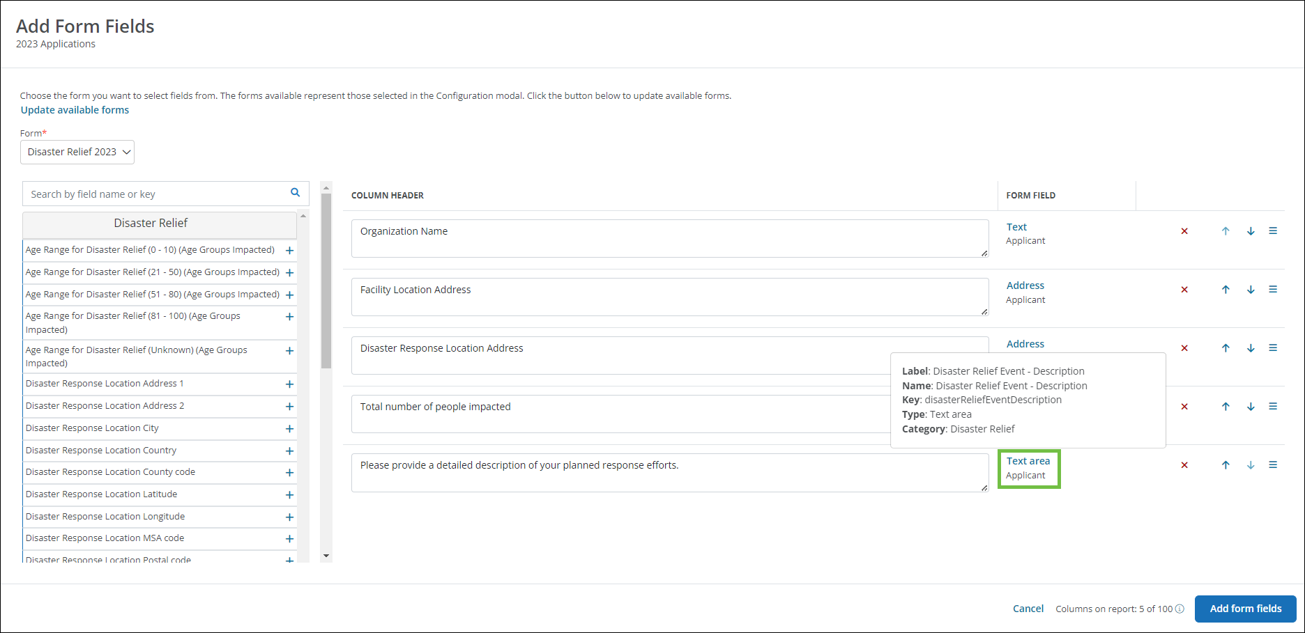 Add Form Fields modal shows all available fields from a form that can be added to an Ad Hoc report