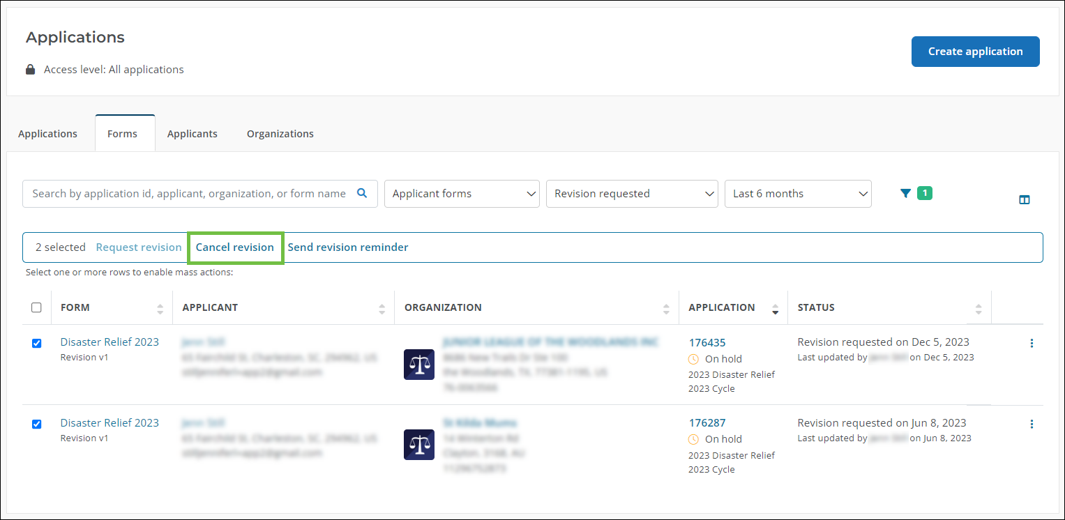 Multiple forms with outstanding Revision Requests selected in the Forms tab with the Cancel Revision bulk action highlighted