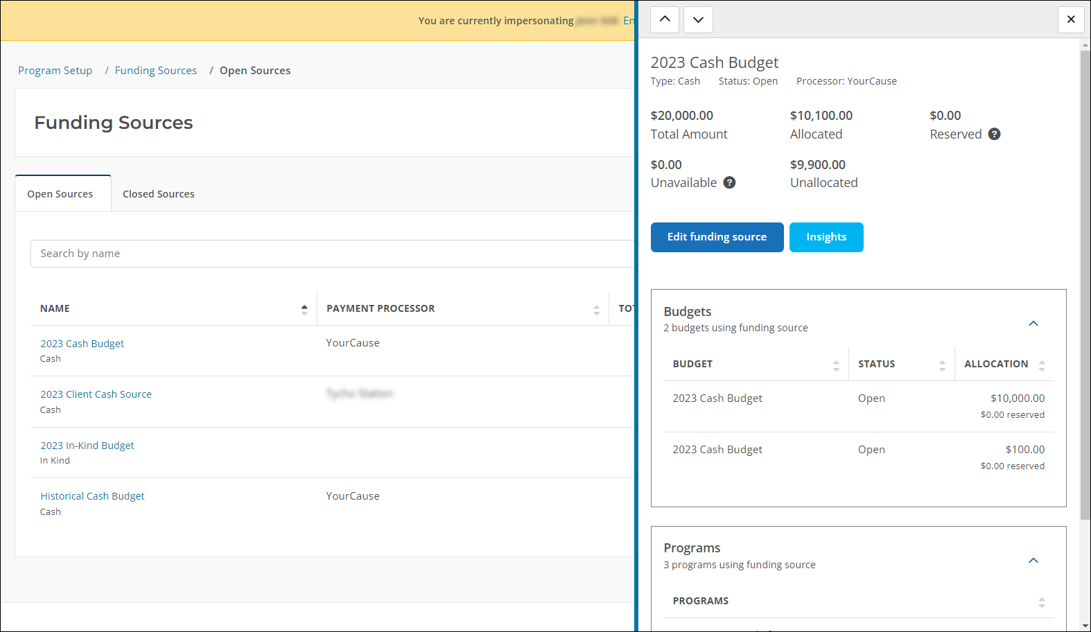 Flyout component shows funding source details like name, attributes, budgets, and programs