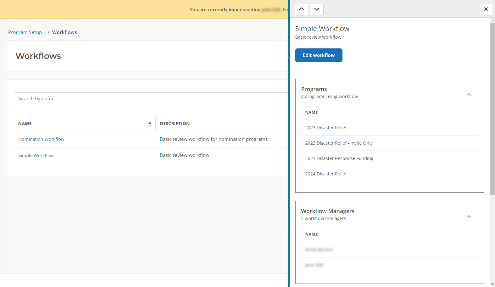 Flyout component shows workflow details like name, programs, workflow managers, and workflow level users with permissions