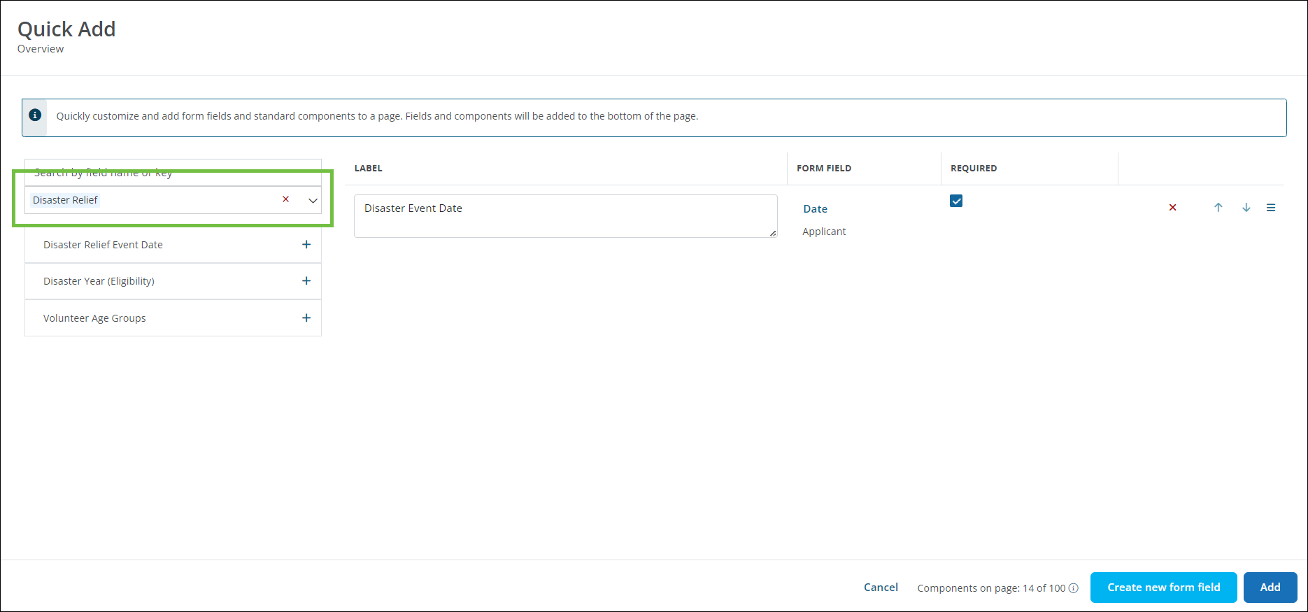Filter fields by category in the Quick Add modal