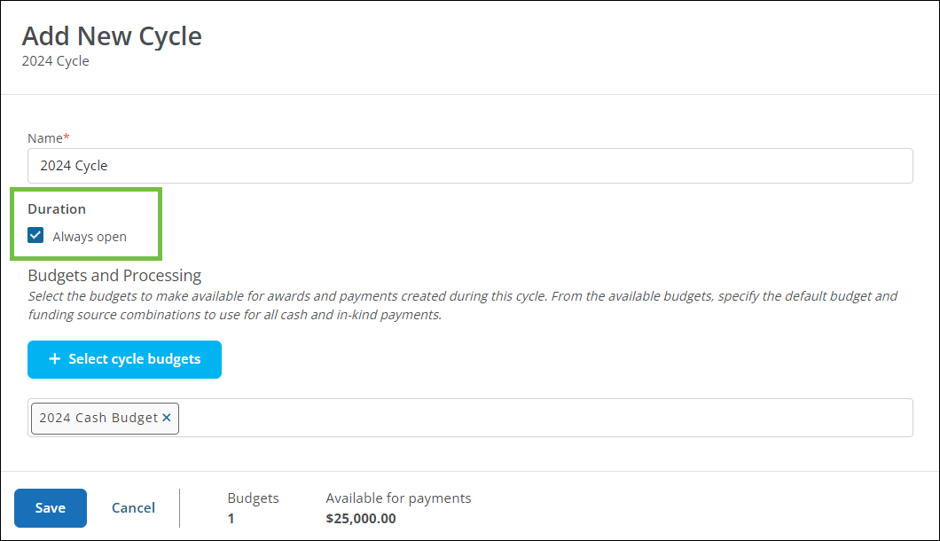 Add New Cycle modal with the new Always Open option selected