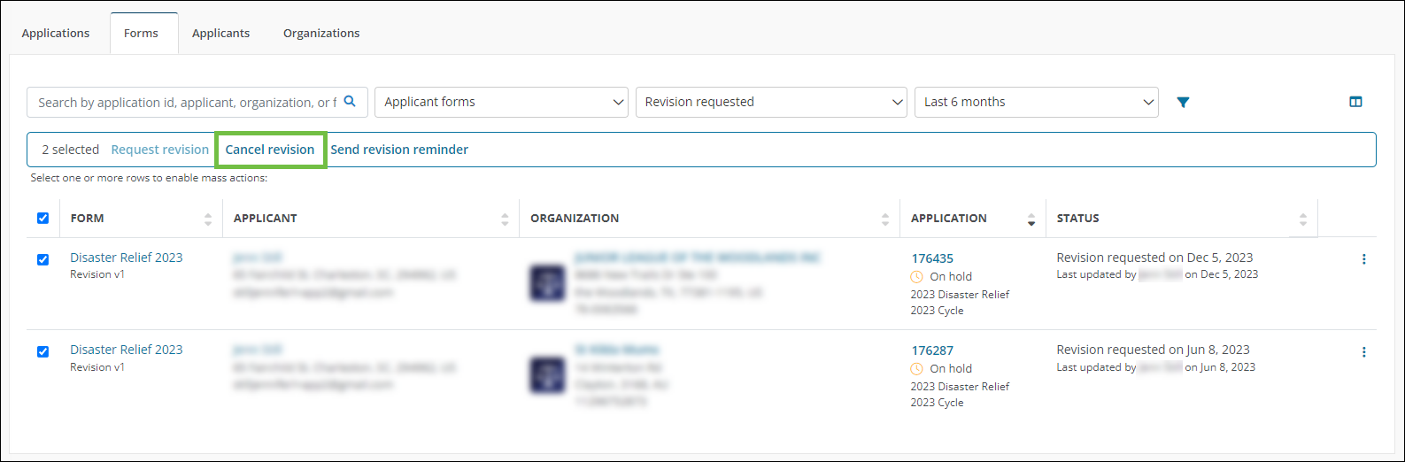 Multiple forms with outstanding Revision Requests selected in the Forms tab with the Cancel Revision bulk action highlighted