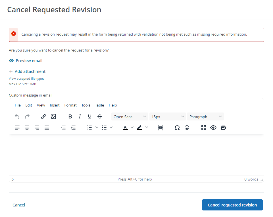 Cancel Requested Revision modal allows you to add attachments and custom messages to the cancelation email