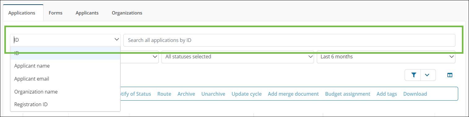 Advanced search bar in the Applications tab in the Applications area