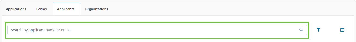 Basic search functionality in the Applications > Applicants tab