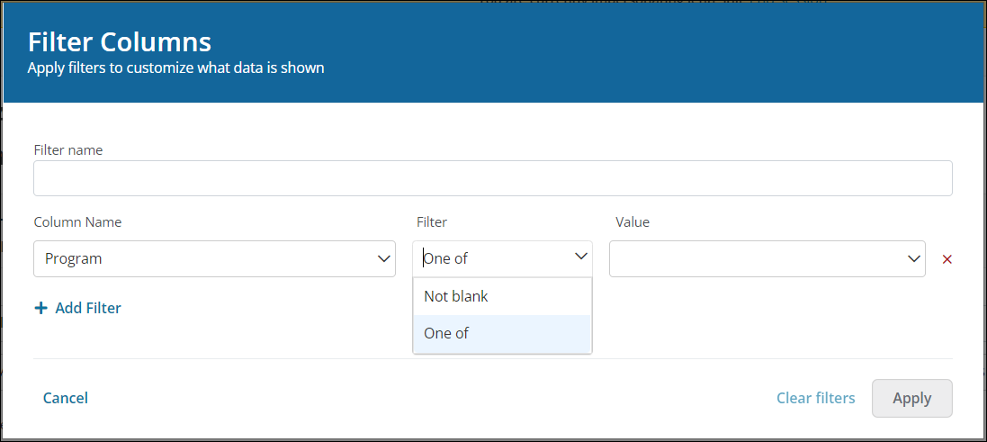 Select the Filter option to filter by in the Filter Columns screen