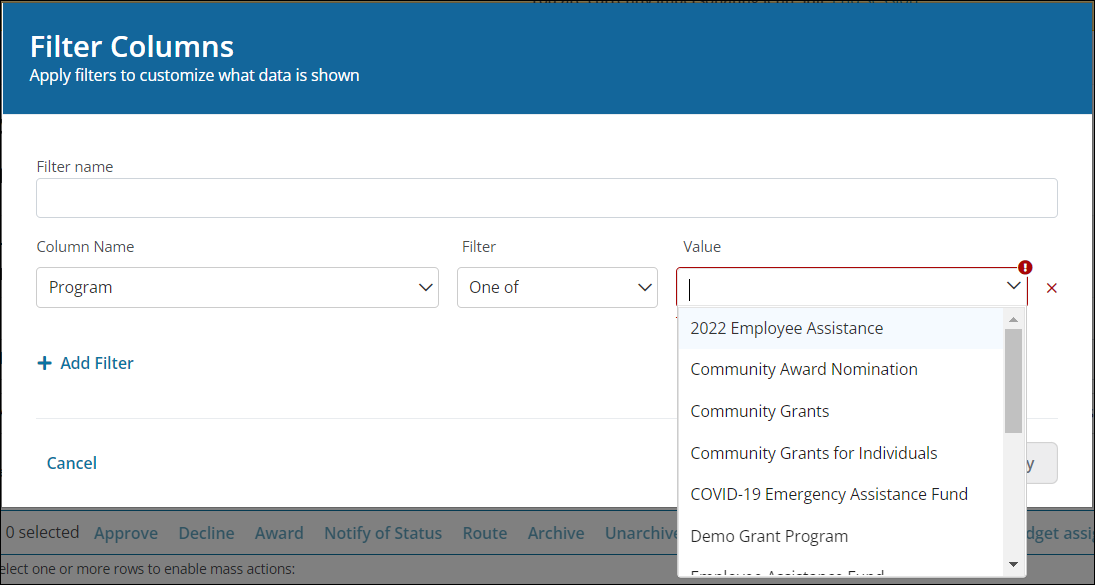 Select the Value to filter by in the Filter Columns screen