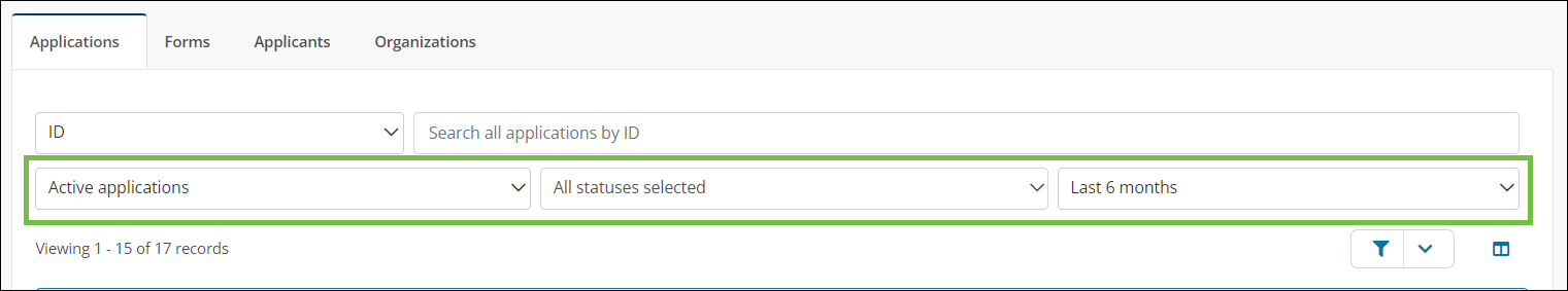Filter dropdown options in the Applications tab of the Applications area