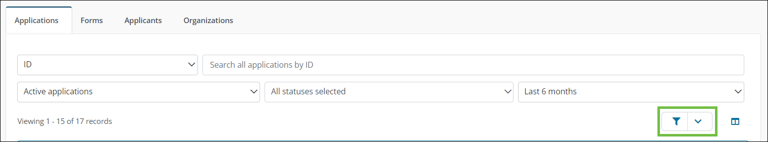 Select the filter icon in the search area to open the Filter Columns screen