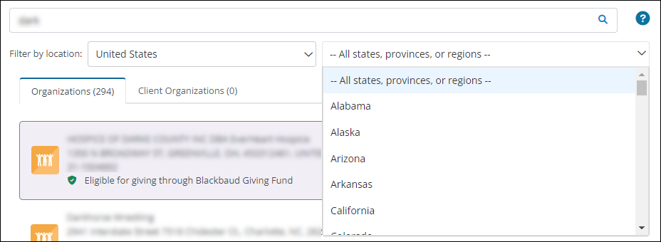 Filtering search results by location in the Select Your Organization modal