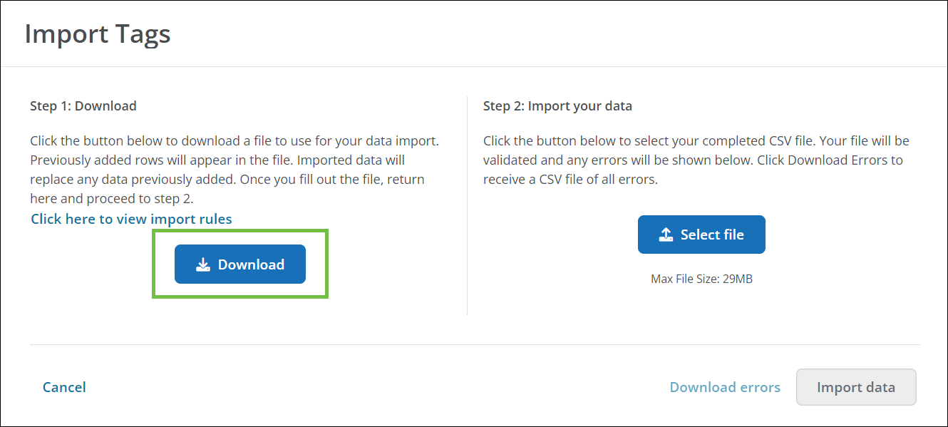 Import Tags modal with the Download button in Step 1 highlighted