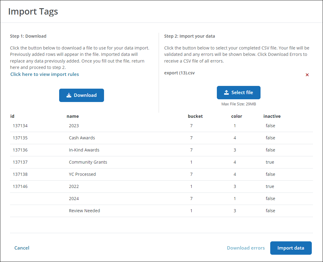 Import Tags modal showing a table view of the tag updates from the Bulk Import File with no formatting errors