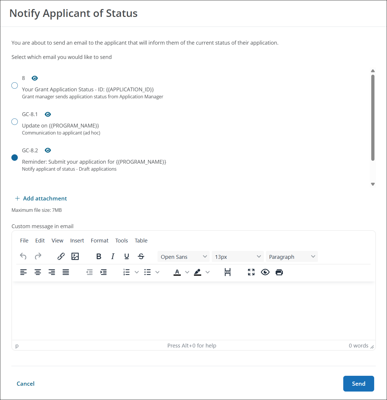 Select the email copy in the Notify Applicant of Status screen.