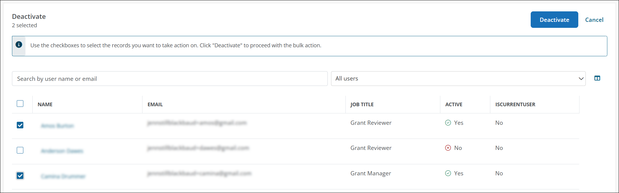 Select the checkbox next to each user and then Deactivate.