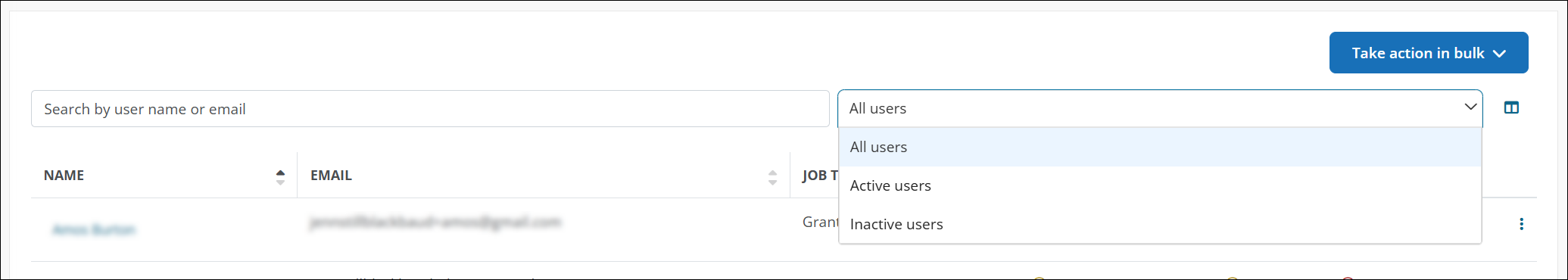 Filter the Users table by All users or Inactive users to view user accounts that have been deactivated.