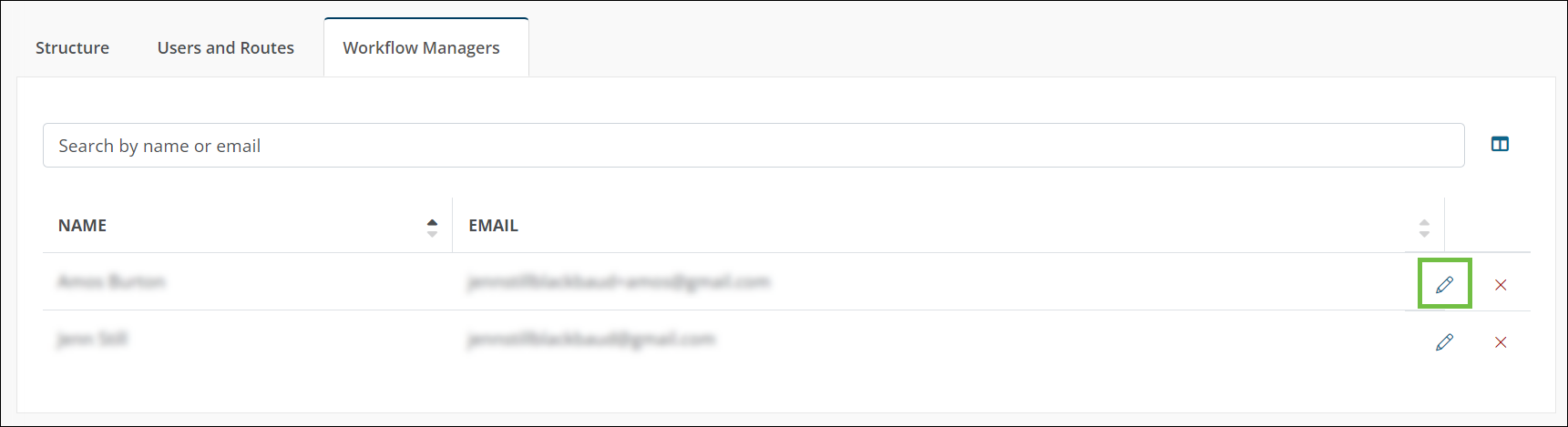 Select the Edit icon to update a Workflow Manager's permissions.