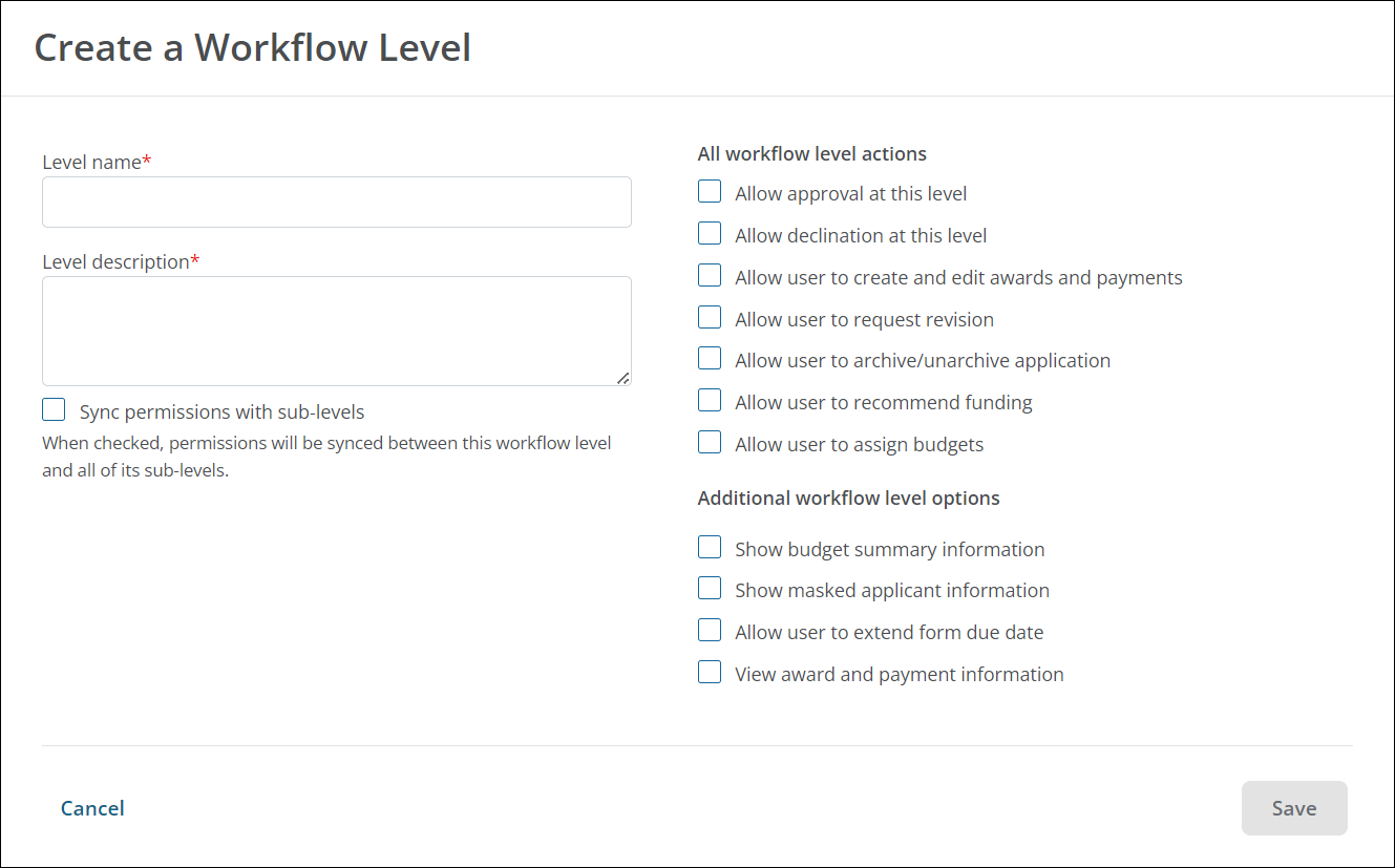 The Create a Workflow Level screen showing the required fields, available permissions, and options to sync the parent level's permissions with its sub-levels.