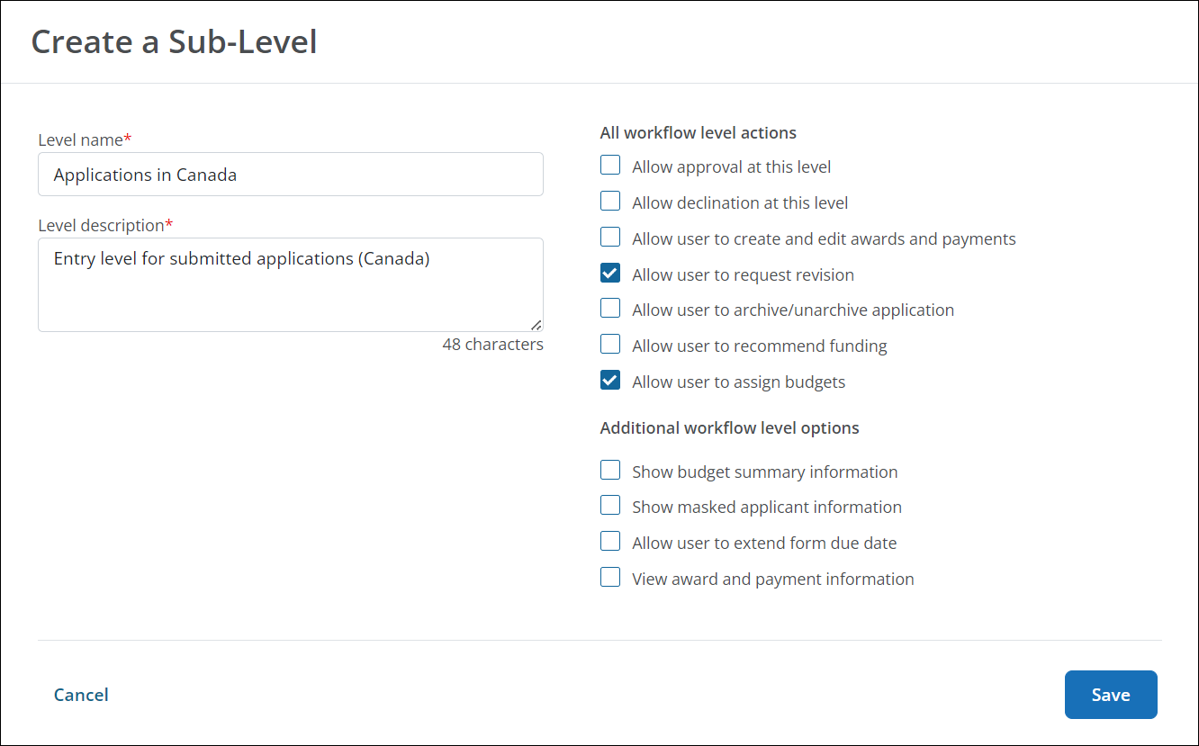 The Create a Sub-level screen showing the required fields and available permissions.