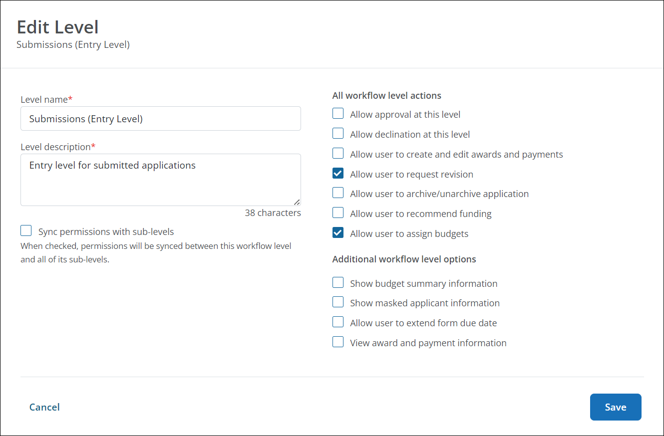 Select or deselect permissions in the Edit level screen.