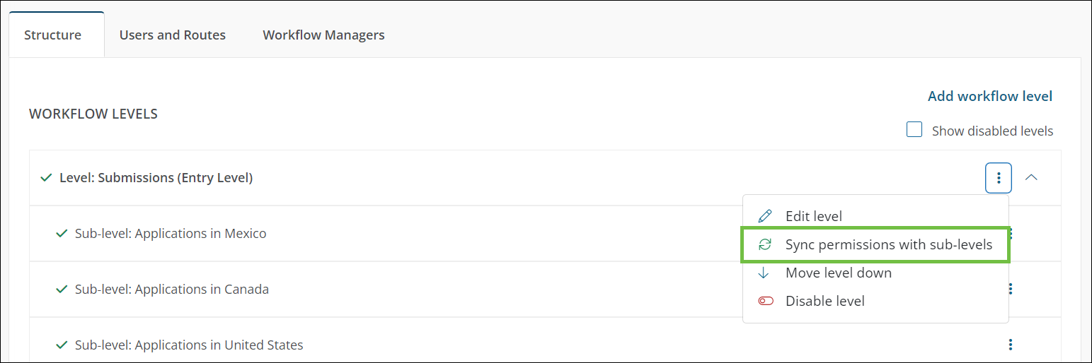 Image showing the Sync permissions with sub-levels settings accessed from the workflow level's tool options in the Structure table.