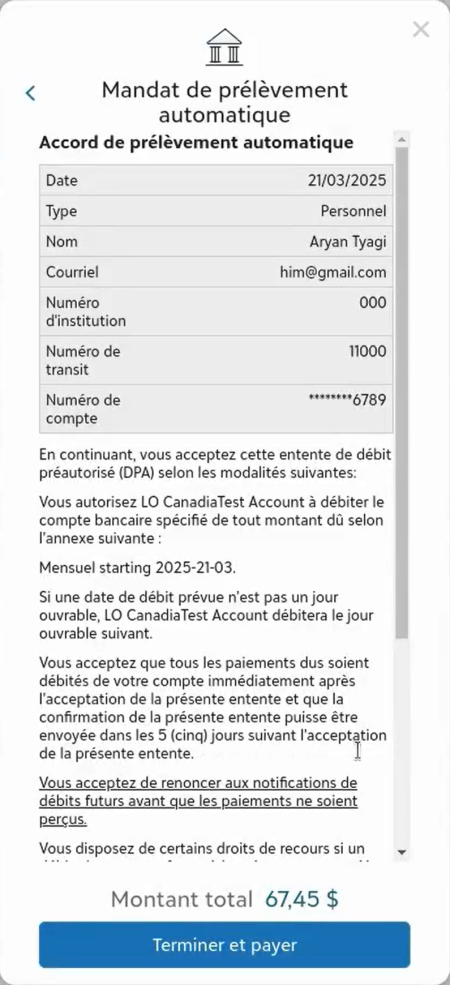 Confirmation screen of recurring Canadian direct debit