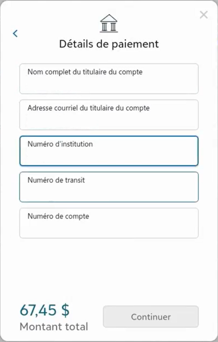 French Candadian modal fields for direct debit bank information