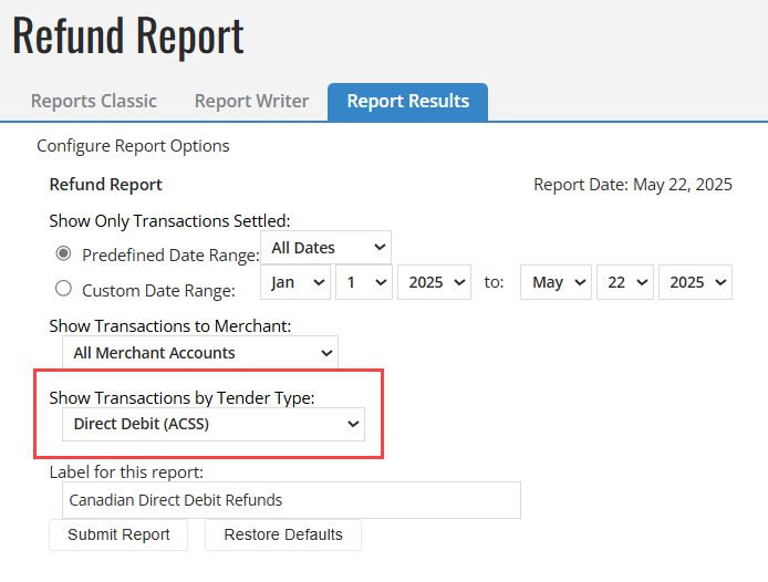 Refund Report configuration for ACSS