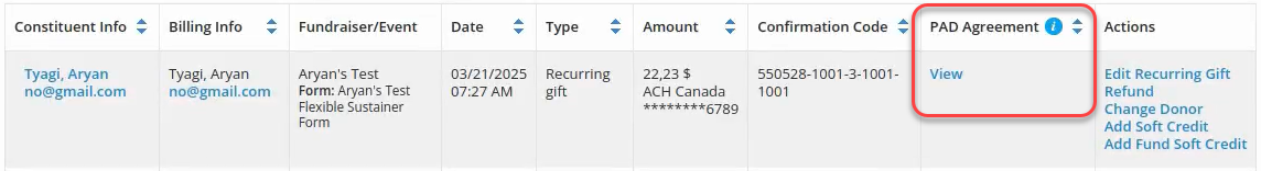 Select View under the PAD Agreement column header