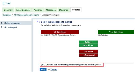 Campaign reports in Email Express - Select message step