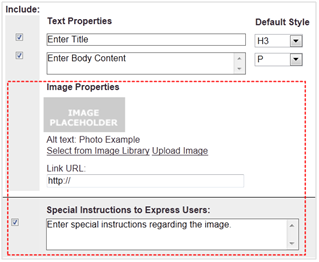 Express text and image options for both wide and narrow blocks in templates