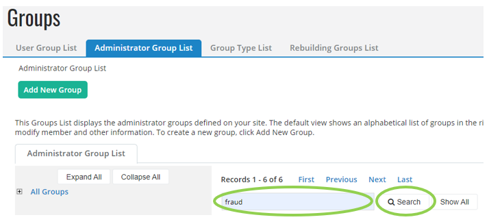 Search the Administrator Group List. Enter the name in the text filed, and click the Search button.