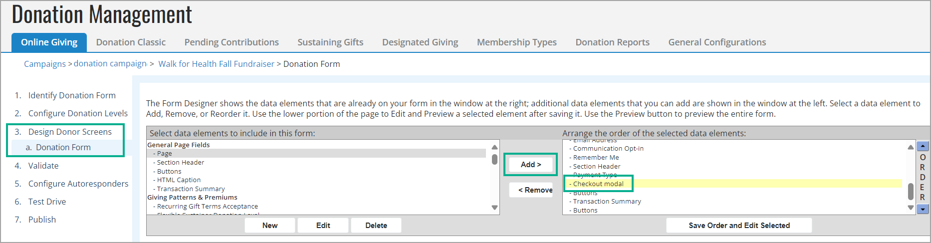 Add Checkout modal data element on donation form screen