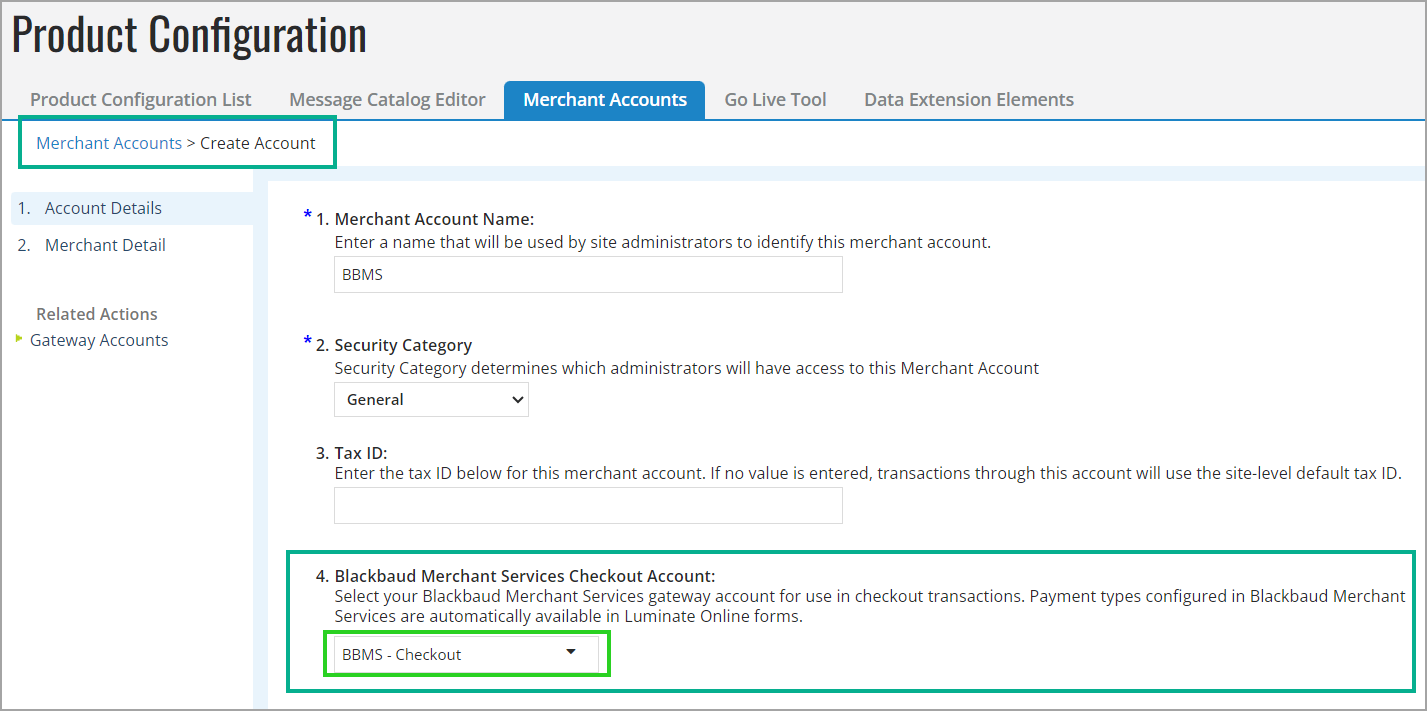 Create Merchant Account screen to choose Checkout account