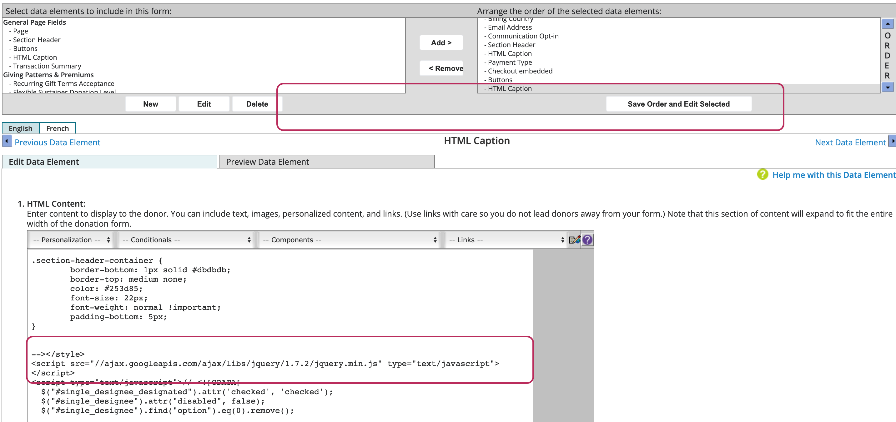 HTML Caption data element code fix for spinner