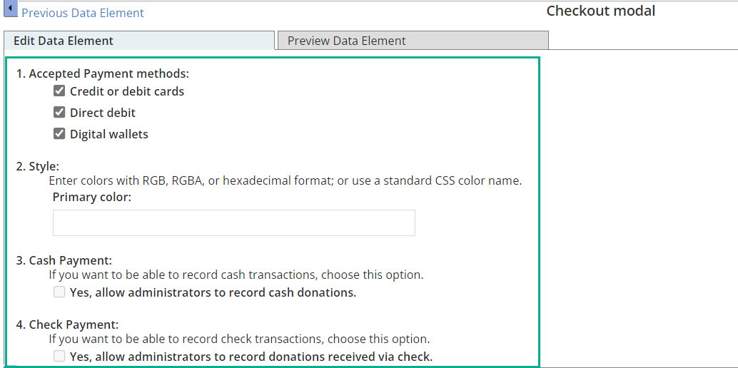 Style field for checkout modal data element