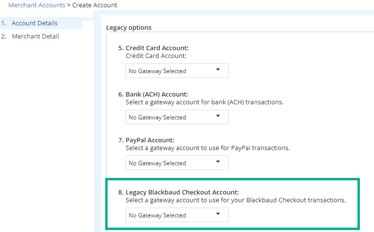 Legacy Blackbaud Checkout Account option