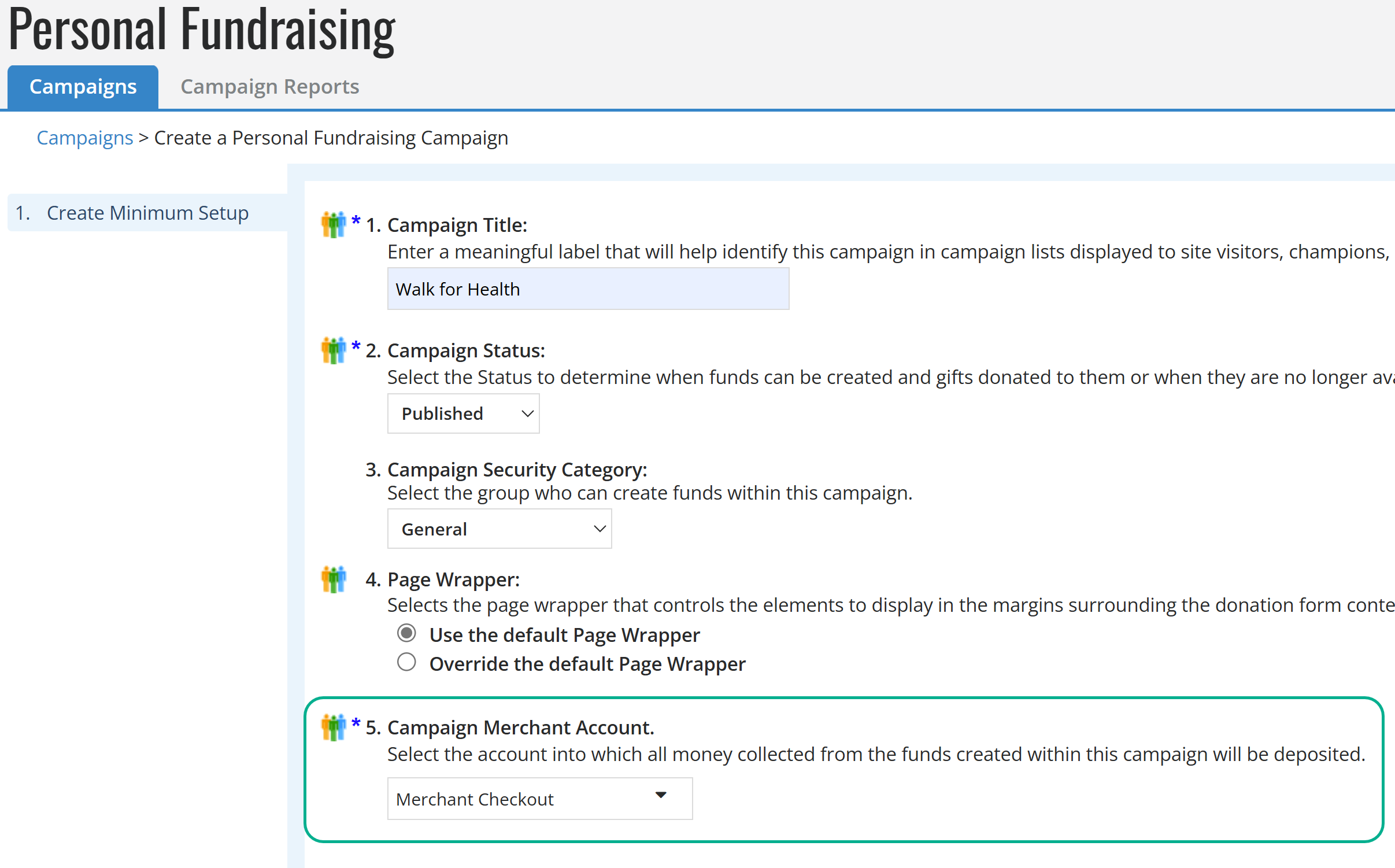 Merchant account field in Personal Fundraising