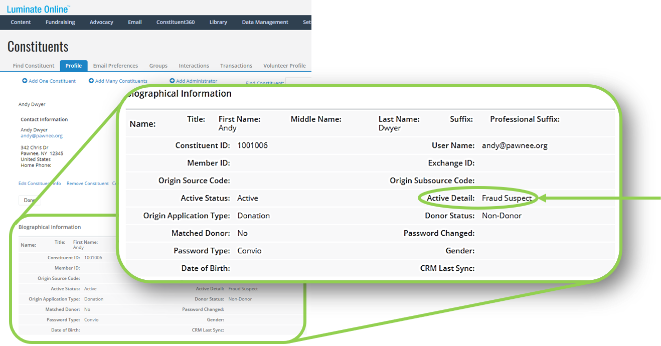 Example constituent record with Active Detail: Fraud Suspect