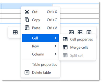 Table cell properties menu