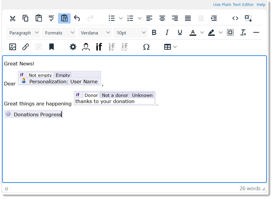 Example of the WYSIWYG editor