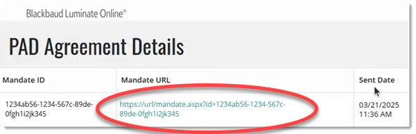 Sample PAD Agreement Details list. Mandate URL column is a link to Mandate details.