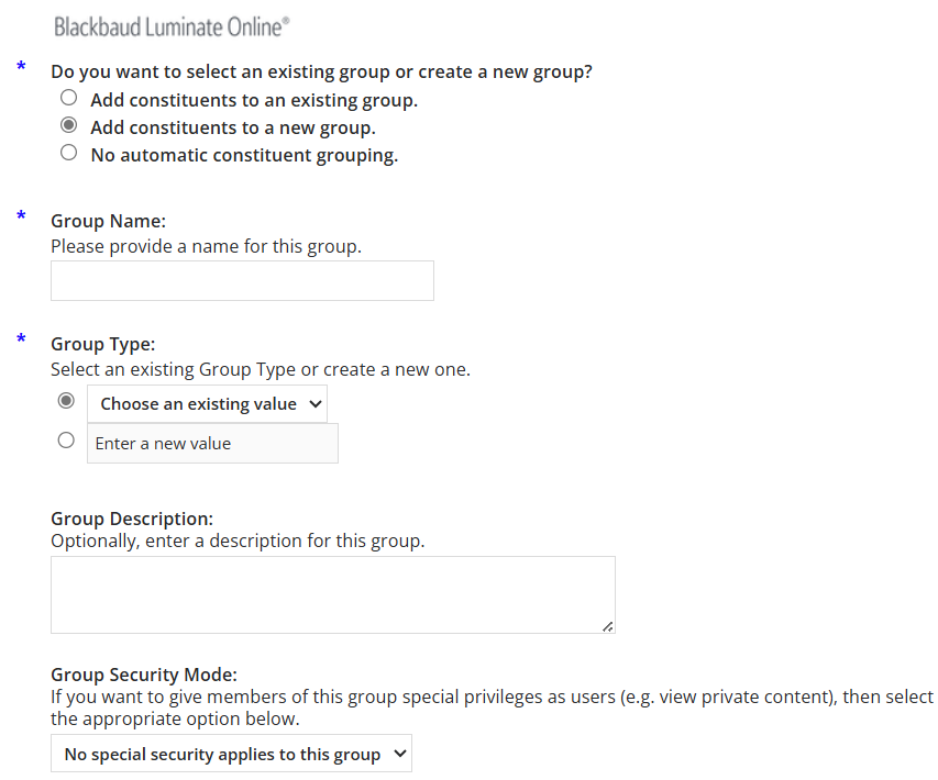 Create a new group from donation campaign donors options